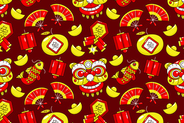Chinese new year icon pattern. Dragons, lanterns, gold, koi fish and firecrackers