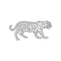 Continuous curve one line drawing. The tiger has a muscular body. Curve abstract art. Single line editable stroke vector illustration of aggressive tiger for logo, wall decor, poster print decoration