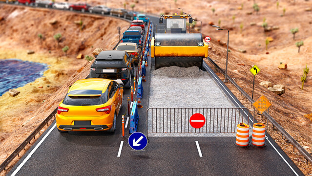 Long queue of cars got stuck in traffic on a sandy desert countryside, jam is caused by road works, where part of road is enclosed under reconstruction, 3d illustration