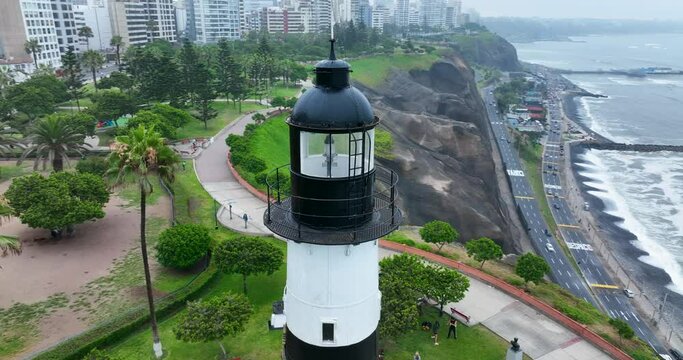 Spot aerial view of Miraflores Lighthouse, in Lima, Peru. Aerial drone fly above view high resolution 4k