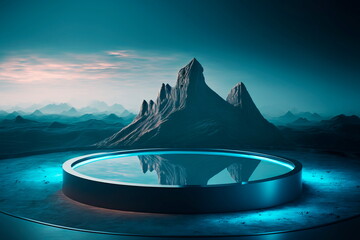 Minimal landscape mockup for product showcase banner in the mountains in the background, glass platform. Generative AI