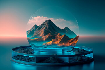 Minimal landscape mockup for product showcase banner in the mountains in the background, glass platform. Generative AI