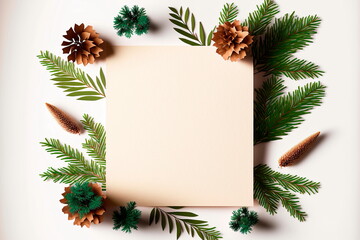 Fototapeta na wymiar Christmas tree branches and paper card note frame on white background Generative AI