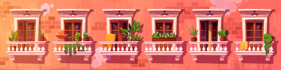 Vintage house with balconies and glass doors. Building facade with balconies with balustrade, flowers in pots, plants and furniture. City apartments exterior, vector cartoon illustration