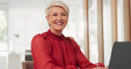 Laptop, face and senior business woman doing feedback review of financial portfolio, stock market or investment. Online research, bitcoin mining and portrait of trader trading nft, forex or crypto