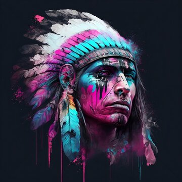 A striking and powerful illustration of an American Native Cherokee Indian chief warrior, rendered in bold and vibrant pink and blue colors, exuding a sense of strength and leadership, Generative AI