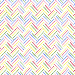 watercolor allover seamless blue,green,pink,yellow cross square line stack repeat pattern on white background.