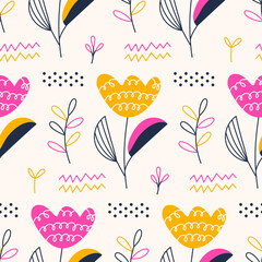 Seamless childish pattern with abstract flowers and leaves. Colorful background with simple plants. Floral vector flat illustration for design of fabric, paper, and other surfaces