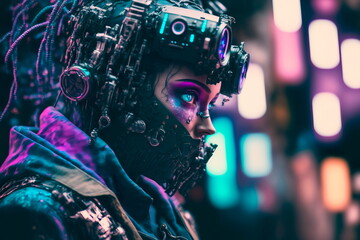 Cyberpunk style robot  use VR virtual reality, Metaverse Technology concept. Generative AI
