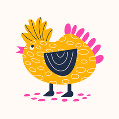 Funny chick with paper cut pieces. Childish collage from different shapes with textures. Vector flat illustration for design of greeting and event cards, posters, postcards