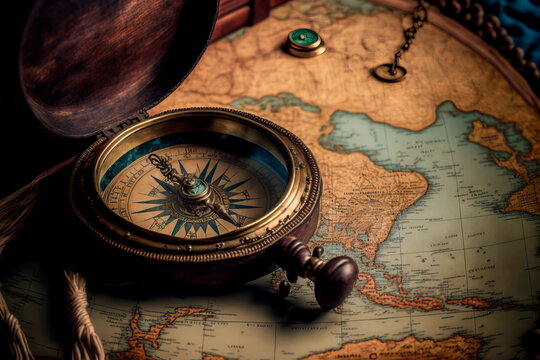 Vintage Old compass on world map. Generative AI