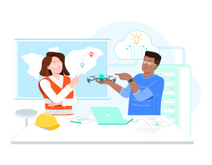 A technician and an engineer having a discussion about area mapping