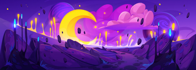 Fantasy cosmos illustration with alien planet landscape, moon and clouds in sky. Magic world from dream, fantastic scene of space and planet surface, vector cartoon illustration