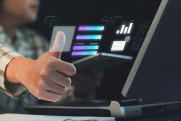 Cyber Security Internet and ​​Networking Concepts. Businessman hand touch on screen icon and...