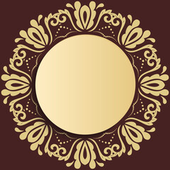 Round vector frame with floral elements and arabesques. Pattern with arabesques. Brown and golden greeting card