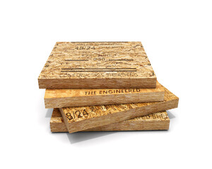 Small square samples of various osb sheets are piled up and isolated on white background, 3d illustration