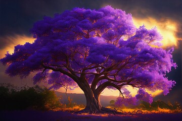 Fototapeta na wymiar sun lighting up an old growth purple flowering tree jacaranda, generative ai
