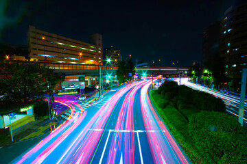 A night traffic jam at the downtown street in Tokyo wide shot