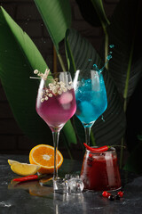 Three glasses of fresh iced cocktail in the bar
