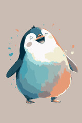 Cartoon drawing of happy penguin. Cute adorable vector design of baby animal character. Fun greeting card for winter holiday. Adorable comic. Snow icon for kids and children. Happy arctic wildlife.