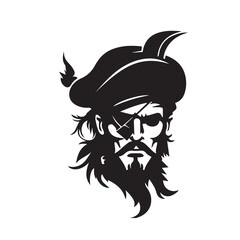 Pirate head minimal modern icon. Simple black and white vector illustration of angry captain. Ship commandant. Logo design for bar or alcohol. Rum business identity. Mascot for adventure or sport team