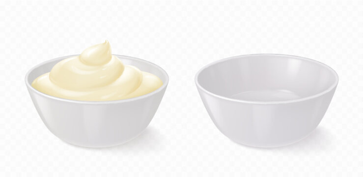 White bowl with mayonnaise, cheese sauce, yogurt or cream. Empty small round ceramic dish and homemade dip in porcelain container, vector realistic set isolated on transparent background