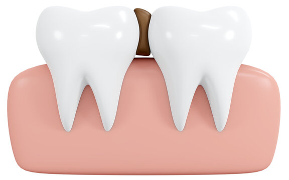 3D Rendering teeth with food stuck in between icon cartoon style isolated on white. 3D Render illustration.