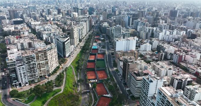 Lima, ima, Peru, 23 april 2019 traffic on Javier Prado. Aerial drone fly above view high resolution 4k