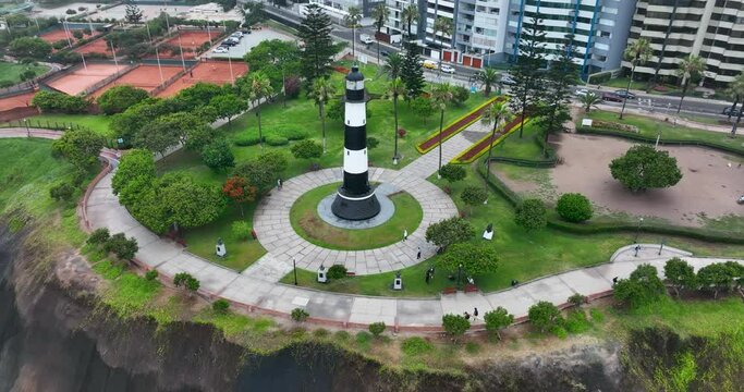 Spot aerial view of Miraflores Lighthouse, in Lima, Peru. Aerial drone fly above view high resolution 4k