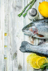 Raw fish salmon with rosemary and lemon.