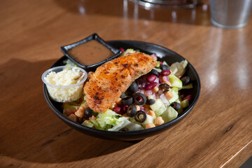 A view of a bowl of salmon salad.