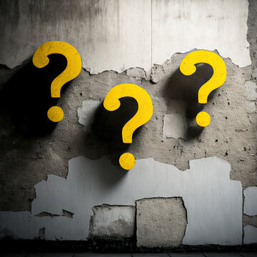 3 yellow question marks on a wall, wall art, hanging on the wall, dirty grungy wall in the background