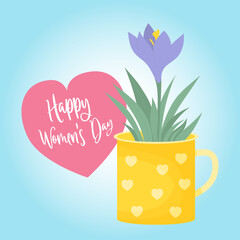 Spring bouquet with Crocus flower. Purple saffron in cup. greeting card Happy Womens Day. Vector illustration in flat style for postcards, design, print, decor, covers.