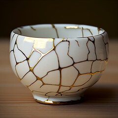 Fototapeta na wymiar Kintsugi porcelain bowl repaired with gold cracks, generative ai