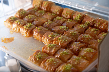 A view of a tray of baklava pastries.