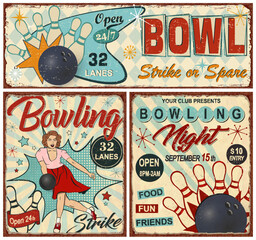 Set of vintage Bowling  metal sign in retro stile.
