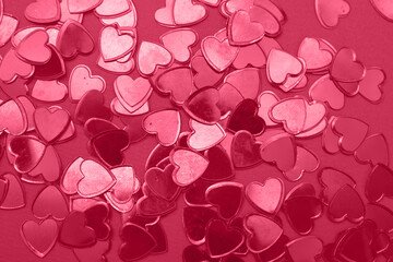 red hearts confetti background. wedding invitation, Valentines background, love, date concept