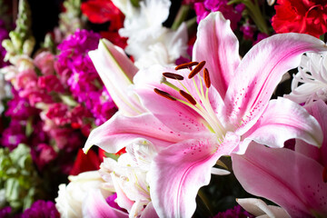 A view of a pink and white floral arrangement, featuring lily, carnation, chrysanthemum.