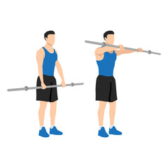 Fototapeta na wymiar Man doing barbell front raises exercise. Flat vector illustration isolated on white background