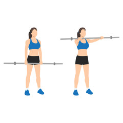 Fototapeta na wymiar Woman doing barbell front raises exercise. Flat vector illustration isolated on white background
