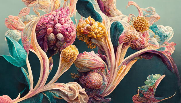 an ultra hd detailed painting of many different types of flowers
