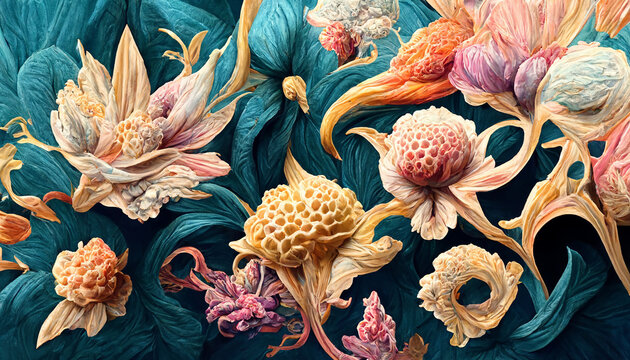 an ultra hd detailed painting of many different types of flowers