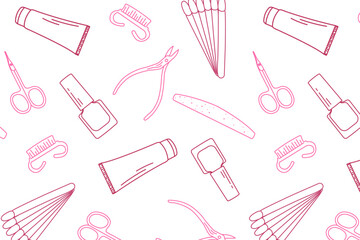 doodle pattern with manicure elements, background with doodle icons accessories for manicure. poster, banner with white background and crimson lines, color 2023
