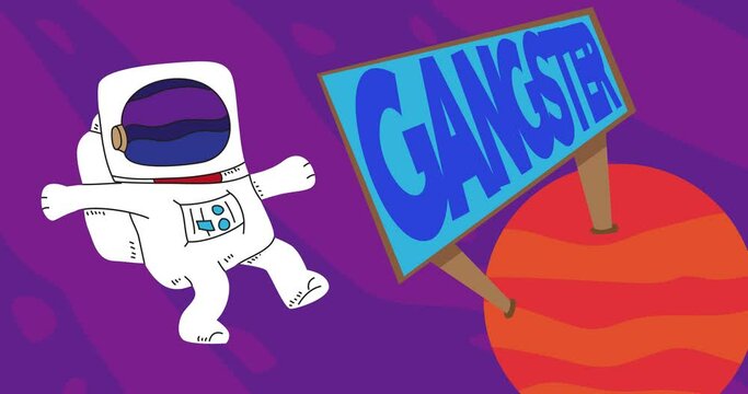 Astronaut adrift near a Red Planet with Gangster Billboard. Abstract cartoon animation. 4k HD Format resolution video.