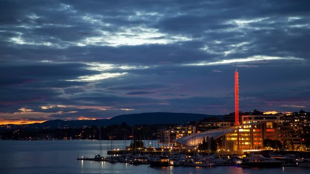 Evening landscape of Oslo for the background with moorings for yachts