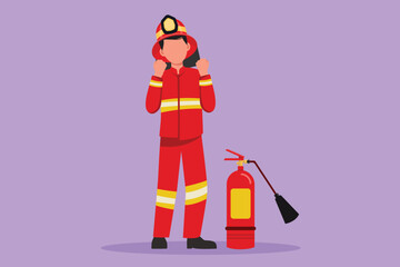 Character flat drawing firefighters standing with fire extinguisher wearing helmet and uniform with celebrate gesture. Working to extinguish fire in burn building. Cartoon design vector illustration