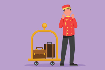 Character flat drawing of happy doorman standing with celebrate gesture and full of trolley bag with suitcase. Porter working with great hospitality in luxury hotel. Cartoon design vector illustration