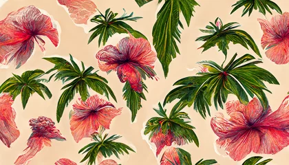 Fotobehang Tropische planten Hawaiian Hibiscus flowers and palm trees