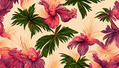 Schilderijen op glas Hawaiian Hibiscus flowers and palm trees © Ydhimas