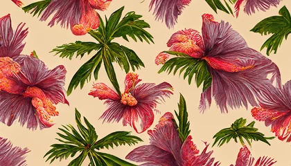 Fototapete Tropische Pflanzen Hawaiian Hibiscus flowers and palm trees